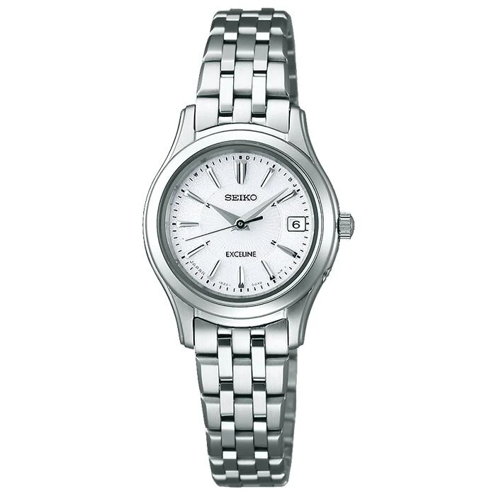 Coppia di orologi Seiko Dolce & Exceline a energia solare e radiocontrollati SWCW023 da donna con cinturino in metallo bianco