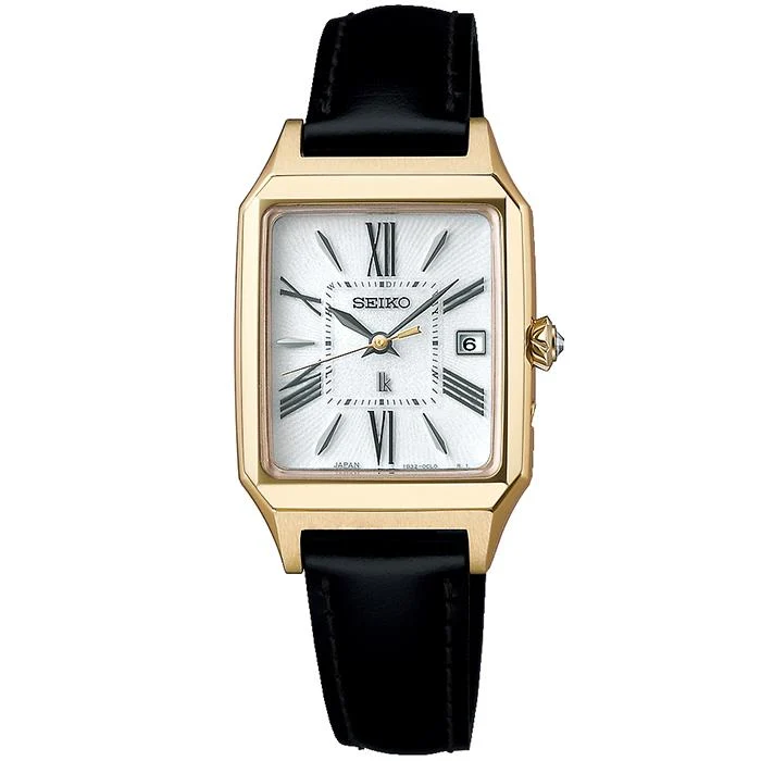 Orologio radiocontrollato ad energia solare Seiko LUKIA Grow SSVW212 da donna con cinturino quadrato in pelle, Lady Gold, design Calla Lily