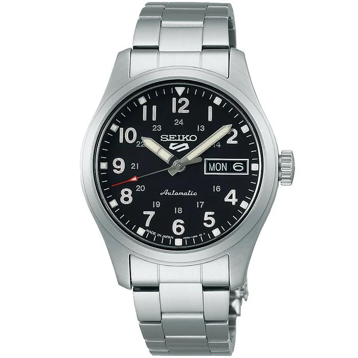 Orologio meccanico Seiko 5 Sports Field Sports Style Mid-Size SBSA197 da uomo e da donna con quadrante nero