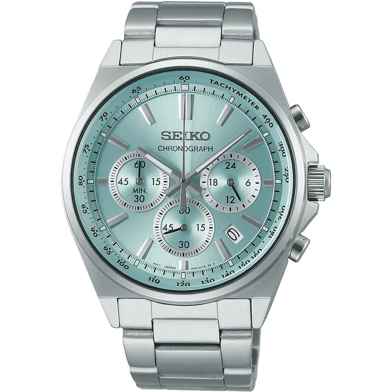 Orologio cronografo al quarzo da uomo Seiko Selection Serie S 8T Chrono, modello esclusivo del negozio SBTR049, con quadrante blu ghiaccio e alimentazione a batteria.