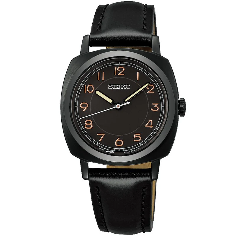 Orologio da donna Seiko Selection The Steady Shop Exclusive modello STPX105 con ricarica solare, quadrante nero a cuscino e cinturino in pelle, disponibile dal 21 novembre.