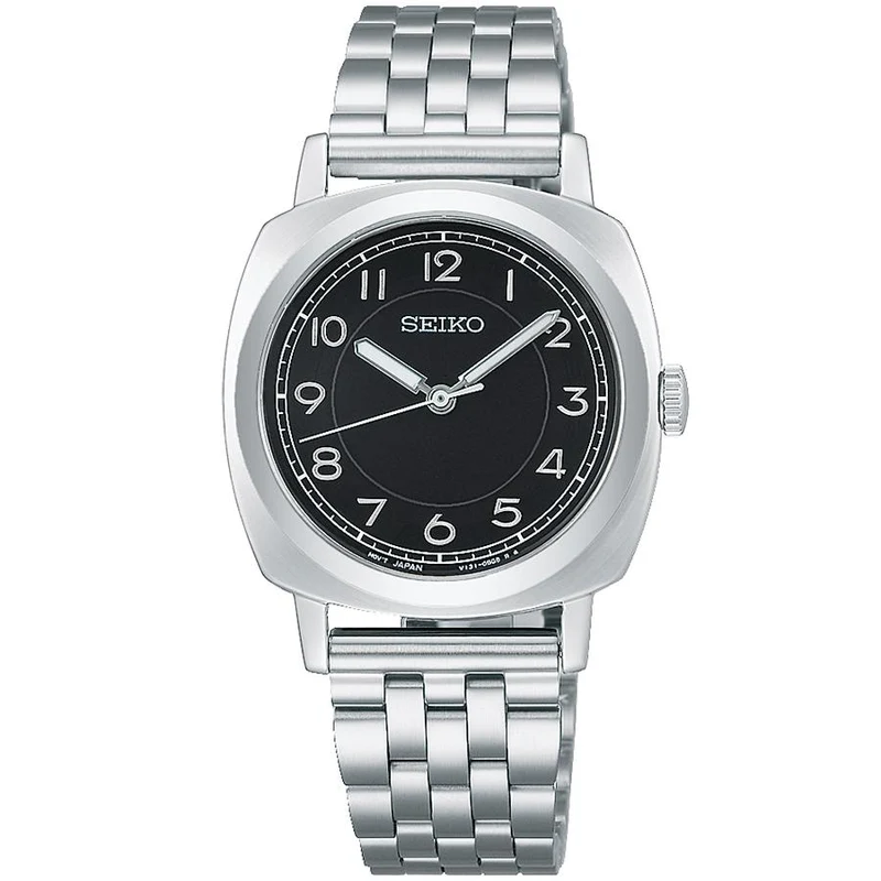 Selezione Seiko The Steady Shop Modello esclusivo STPX107 Orologio da donna con cuscino solare, quadrante nero e cinturino in metallo, uscito il 21 novembre