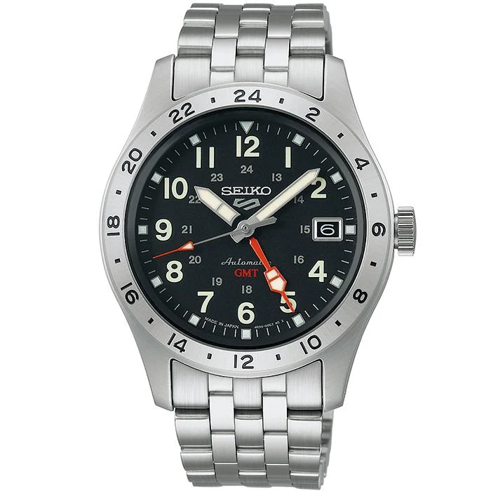 Orologio da uomo Seiko 5 Sports Field GMT Sport Style SBSC011, meccanico automatico, con quadrante nero e cinturino in metallo.