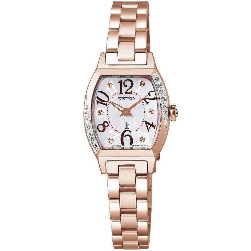 Orologio al quarzo da donna Seiko Lukia Happy Collection SSWA016 a batteria con movimento Tonneau, quadrante in madreperla bianca e cassa con diamanti