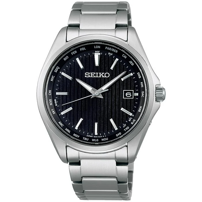 Orologio da uomo Seiko Selection SBTM291 a energia solare e radiocontrollato con calendario mondiale di ora e data, nero.
