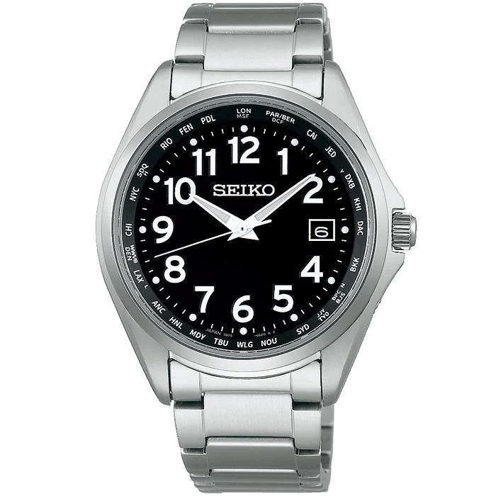 Seiko Selection SBTM329 Orologio da uomo con radiocontrollo solare e ora mondiale, numeri arabi, nero