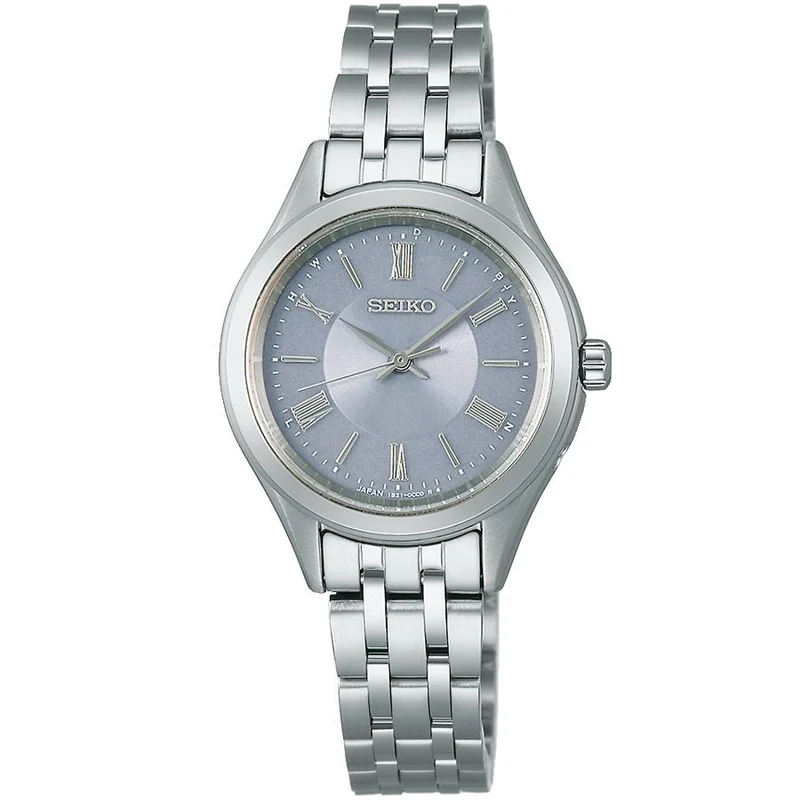 Coppia di orologi da donna Seiko Selection Serie S, modello SSDY049, a energia solare e radiocontrollati, con tre lancette in acciaio inossidabile e quadrante blu-grigio.