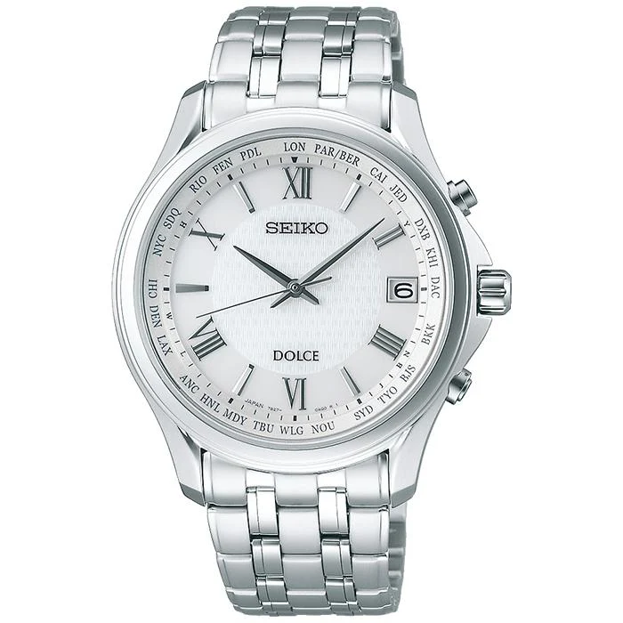 Coppia di orologi Seiko Dolce & Exceline a energia solare e radiocontrollati SADZ201 da uomo, colore bianco.