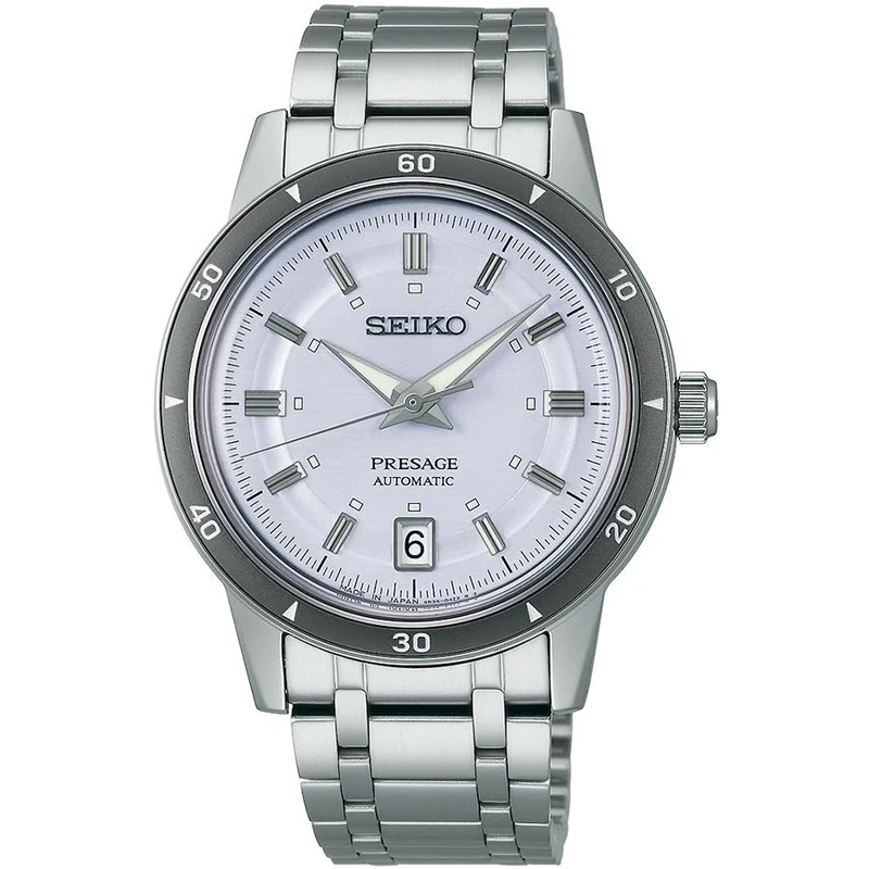 Orologio da uomo meccanico automatico Seiko Presage Style 60's Timeless Color Palette SARY267 con quadrante argento-violetto