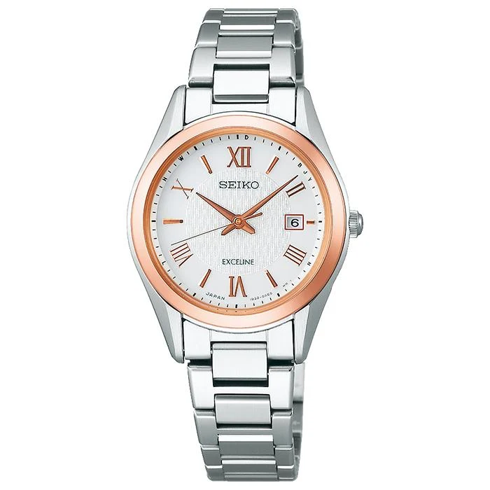 Coppia di orologi Seiko Dolce & Exceline a energia solare e radiocontrollati SWCW150 da donna con cinturino in titanio bianco