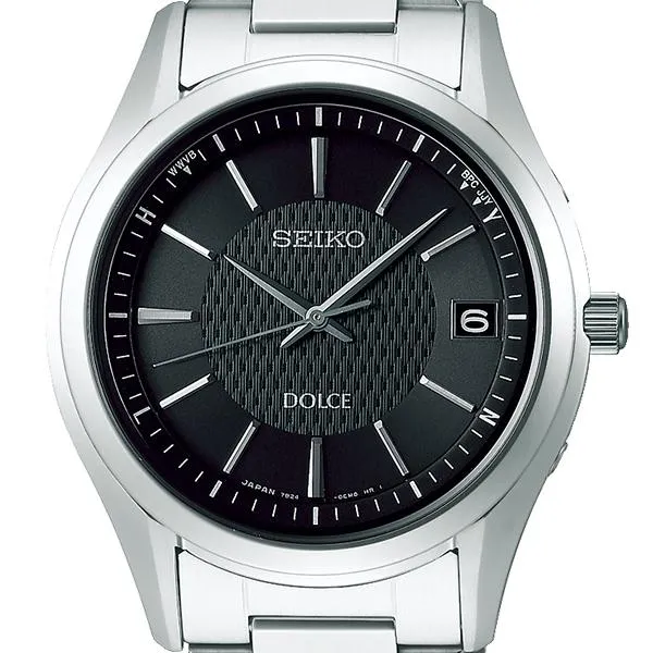 Orologio da uomo Seiko Dolce & Exceline Dolce SADZ187 con movimento solare e radiocontrollato, cinturino in titanio e metallo nero.