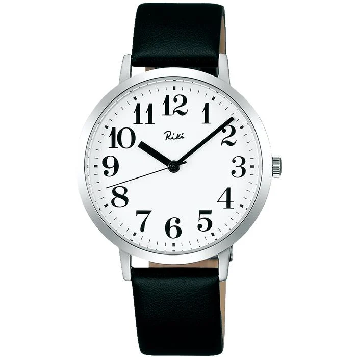 Orologio da polso Alba Riki Standard AKPK424 da uomo e da donna, al quarzo, a batteria, con quadrante bianco e cinturino in pelle nera.