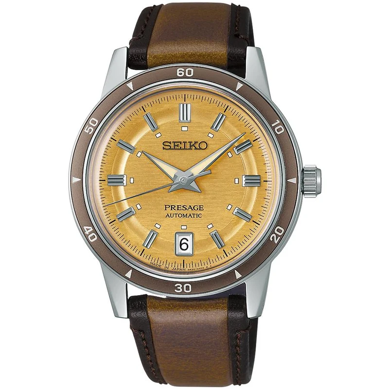 Orologio da uomo meccanico automatico Seiko Presage Style 60's Timeless Color Palette SARY269 con quadrante giallo oro e cinturino in pelle.