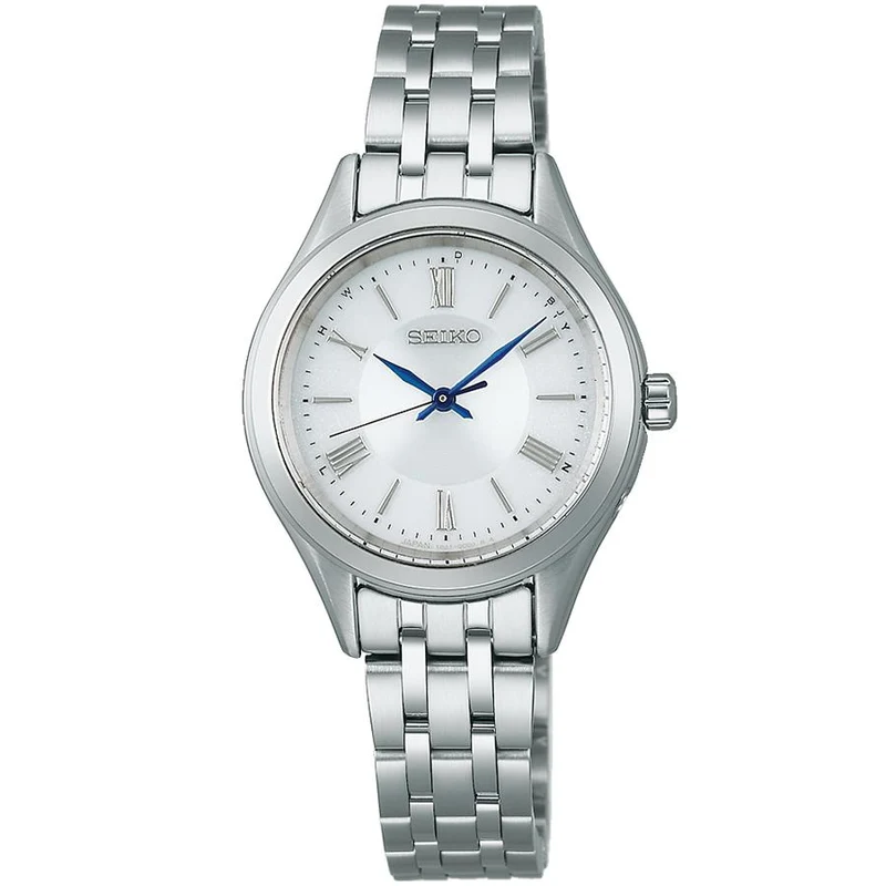 Coppia di orologi da donna Seiko Selection Serie S, modello SSDY047, a energia solare e radiocontrollati, con 3 lancette in acciaio inossidabile e quadrante bianco.
