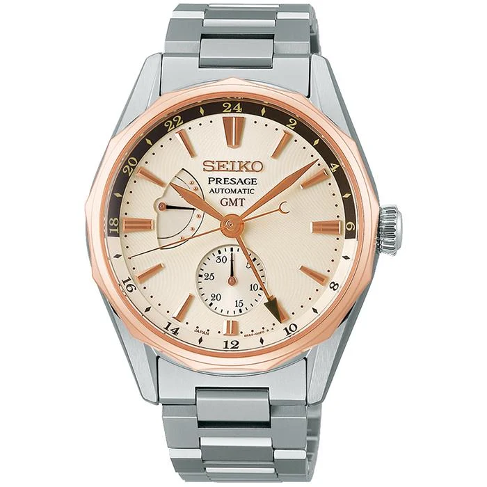 Orologio da uomo Seiko Presage Ocean Traveler SARF012 meccanico automatico GMT in arancione crepuscolo, modello esclusivo.