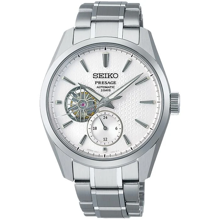 Orologio meccanico da uomo Seiko Presage Sharp Edged 3-Day SARJ001 con quadrante a motivo foglia di canapa e motivo a cuore aperto bianco.
