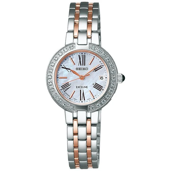 Orologio da donna Seiko Dolce & Exceline SWCW008 a energia solare e radiocontrollato, con cassa tempestata di diamanti e quadrante in madreperla.