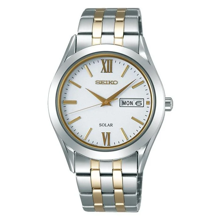 Orologio da uomo Seiko Selection Spirit a energia solare con cinturino in metallo bianco, modello SBPX085.