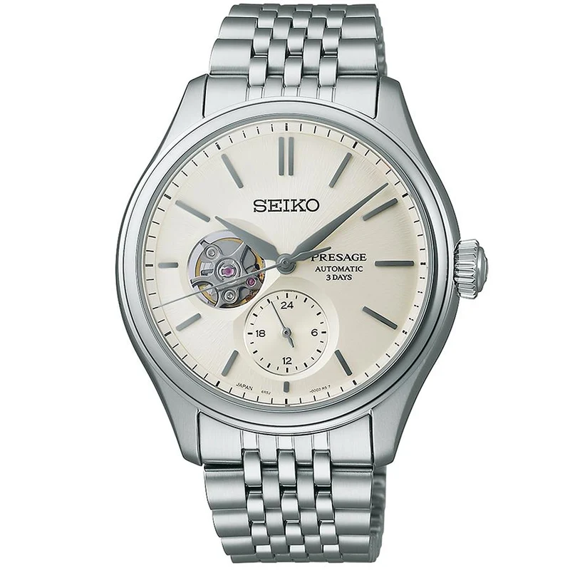 Orologio da uomo meccanico automatico Seiko Presage Classic Series con quadrante a tinta unita e cuore aperto SARJ007, esclusivo