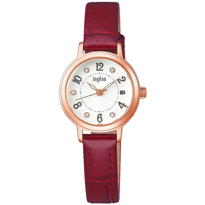 Orologio da donna Alba Angeine Quartz AHJK446 a batteria con cristallo, quadrante bianco, cinturino in pelle rossa, funzione calendario e data