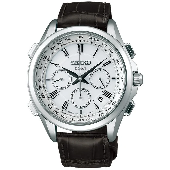Coppia di orologi cronografo radiocontrollati solari Seiko Dolce & Exceline SADA039 da uomo con cinturino in pelle di coccodrillo bianco