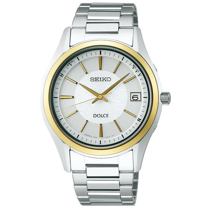 Orologio da uomo Seiko Dolce & Exceline Dolce SADZ188 con movimento solare e radiocontrollato, cinturino in titanio e metallo bianco.