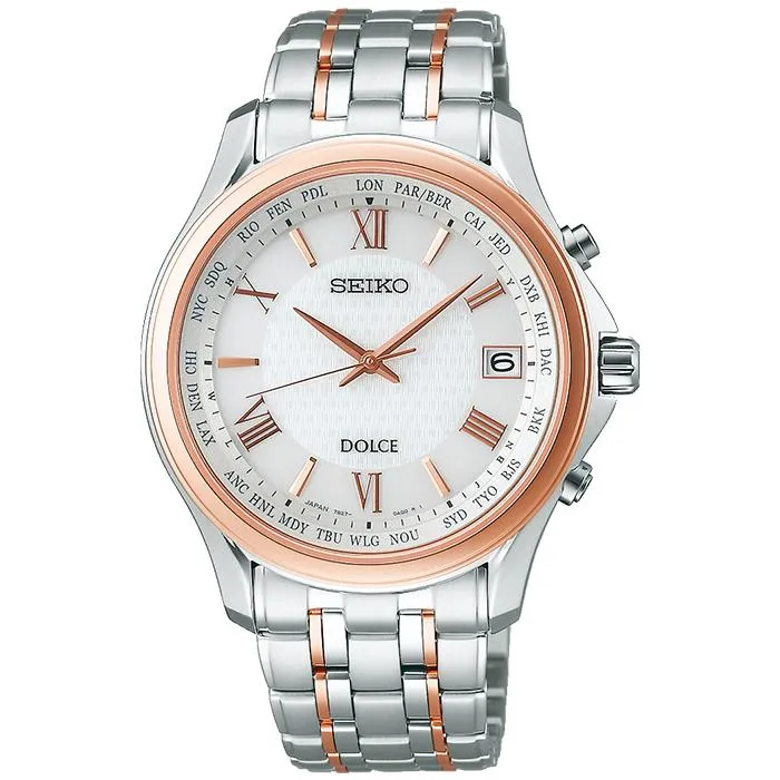 Coppia di orologi Seiko Dolce & Exceline a energia solare e radiocontrollati SADZ202 da uomo, bianco/oro rosa