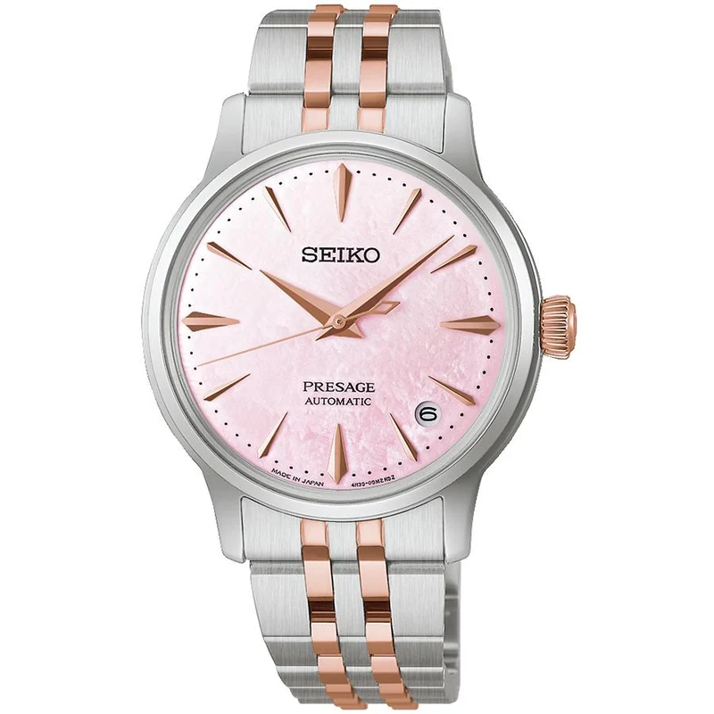 Orologio da donna automatico SEIKO PRESAGE Cocktail Time SARY270 JDM Sakura Aviation Limited Edition con cassa in madreperla rosa e cinturino in madreperla rosa.