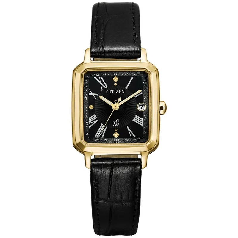 Orologio da donna CITIZEN xC hikari collection ES9503-01E con quadrante nero quadrato, tecnologia Eco-Drive e movimento radiocontrollato.