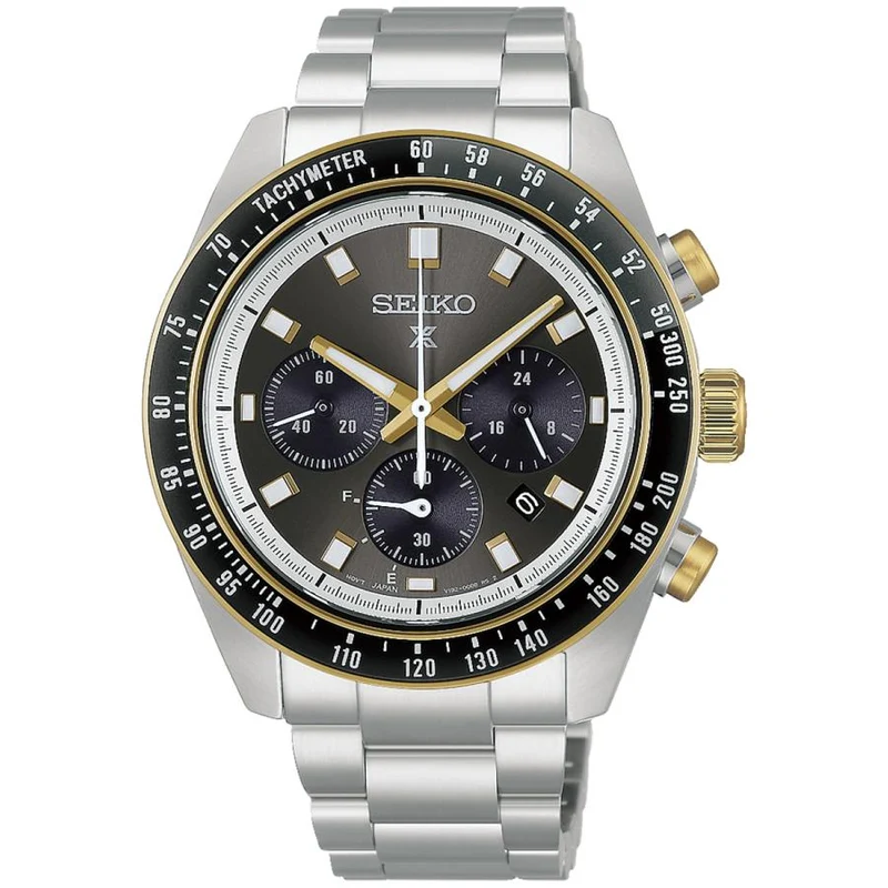 Orologio da uomo SEIKO Prospex Speedtimer HBJ002P con quadrante grigio scuro e nero, finitura oro V192 e cronografo solare, ispirato al mondo delle corse classiche.
