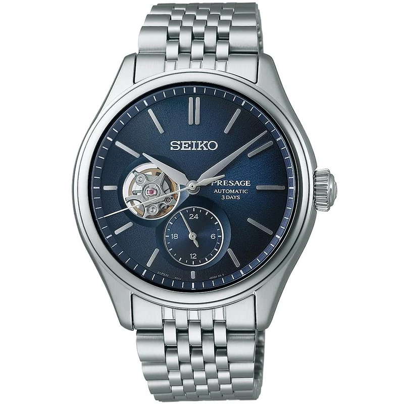 Orologio meccanico automatico da uomo Seiko Presage Classic Series con quadrante indaco e cuore aperto SARJ011, esclusivo