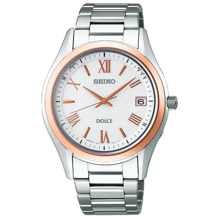 Coppia di orologi Seiko Dolce & Exceline a energia solare e radiocontrollati SADZ200 da uomo con cinturino in metallo di titanio bianco