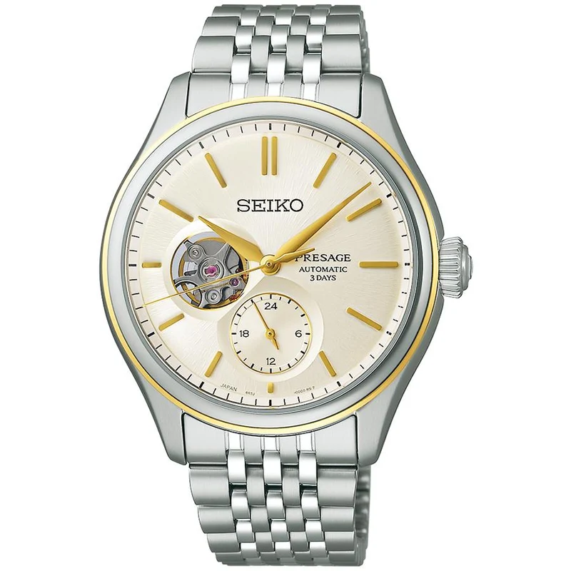 Orologio da uomo meccanico automatico Seiko Presage Classic Series con quadrante a tinta unita e cuore aperto SARJ010