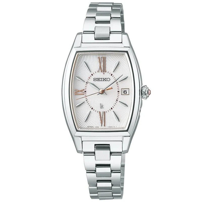Orologio da donna Seiko LUKIA Grow Blossom SSVW229 a energia solare e radiocontrollato con quadrante bianco e cinturino in metallo argentato.