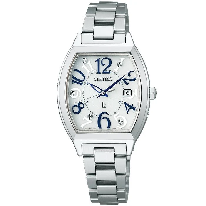 Orologio da donna Seiko Lukia Standard Collection SSVW213, a energia solare e radiocontrollato, stile tonneau, interamente argentato.