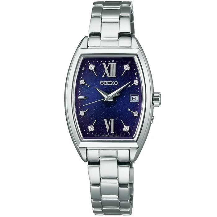 Orologio da donna Seiko Selection S Series Special Edition Shooting Star SWFH123 con cassa tonneau a energia solare e radiocontrollato, colore blu navy.