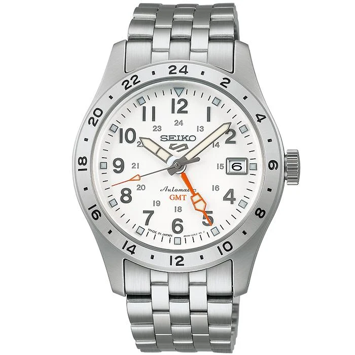 Orologio da uomo Seiko 5 Sports Field GMT Sport Style SBSC009, meccanico automatico, con quadrante bianco e cinturino in metallo.