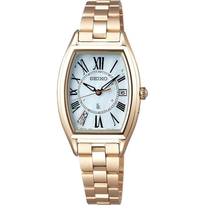 Orologio da donna Seiko Lukia Lady Gold SSQW046, solare, radiocontrollato, in titanio, resistente all'acqua, con datario, movimento a tonneau e quadrante in madreperla con diamanti.