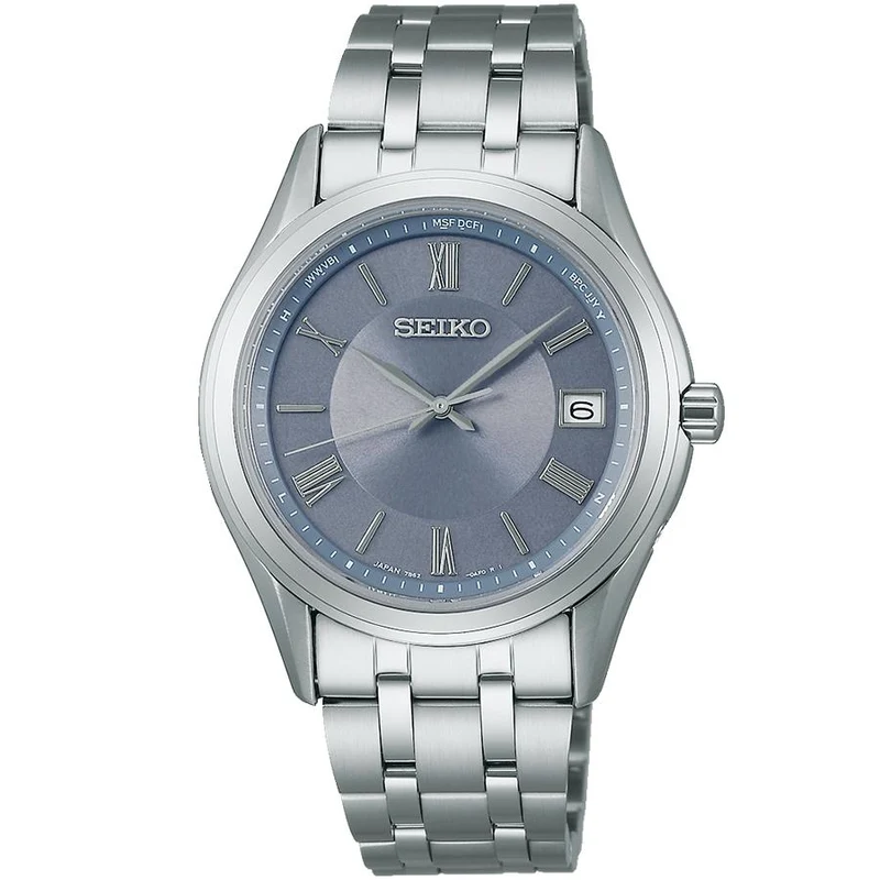 Orologio da uomo Seiko Selection Serie S, modello SBTM359, a energia solare e radiocontrollato, con 3 lancette in acciaio inossidabile e quadrante grigio-blu.
