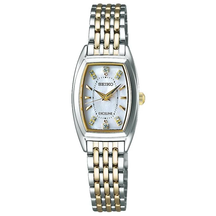 Orologio da donna Seiko Dolce & Exceline SWCQ089 a energia solare con cinturino in metallo e quadrante in madreperla con diamanti incastonati, stile tonneau, bianco