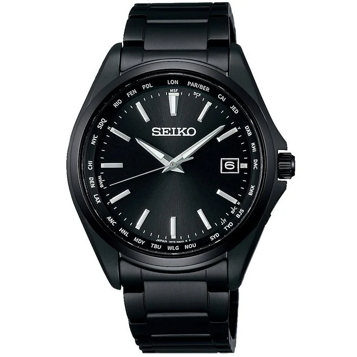Orologio da uomo Seiko Selection SBTM333 a energia solare e radiocontrollato con calendario mondiale di ora e data, nero.