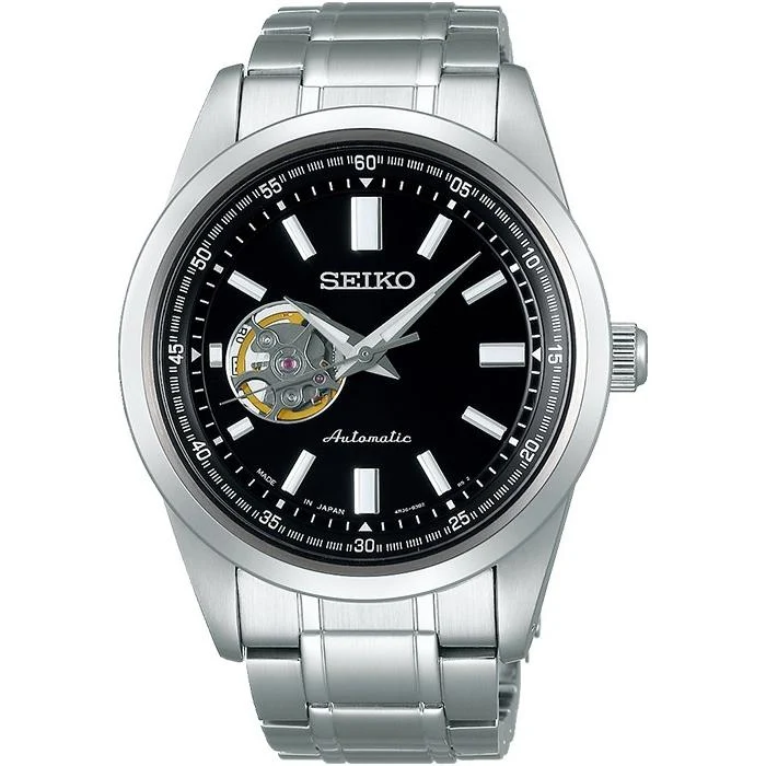 Orologio da uomo SEIKO Selection Mechanical SCVE053 JDM Automatic Open Heart in acciaio inossidabile nero.