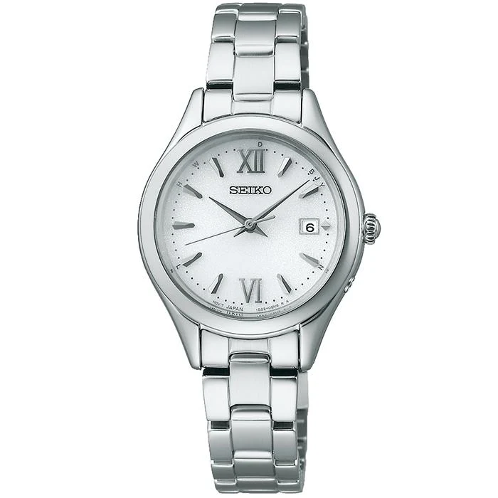 Orologio da donna Seiko Selection Serie S SWFH131 a energia solare e radiocontrollato, con 3 lancette, quadrante rotondo beige e cinturino in metallo.