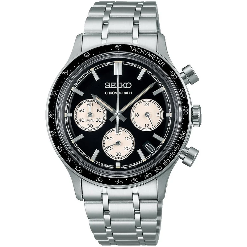 Orologio cronografo al quarzo da uomo Seiko Selection Serie S International Line 8T Chrono SBTR055 con quadrante nero e alimentazione a batteria.