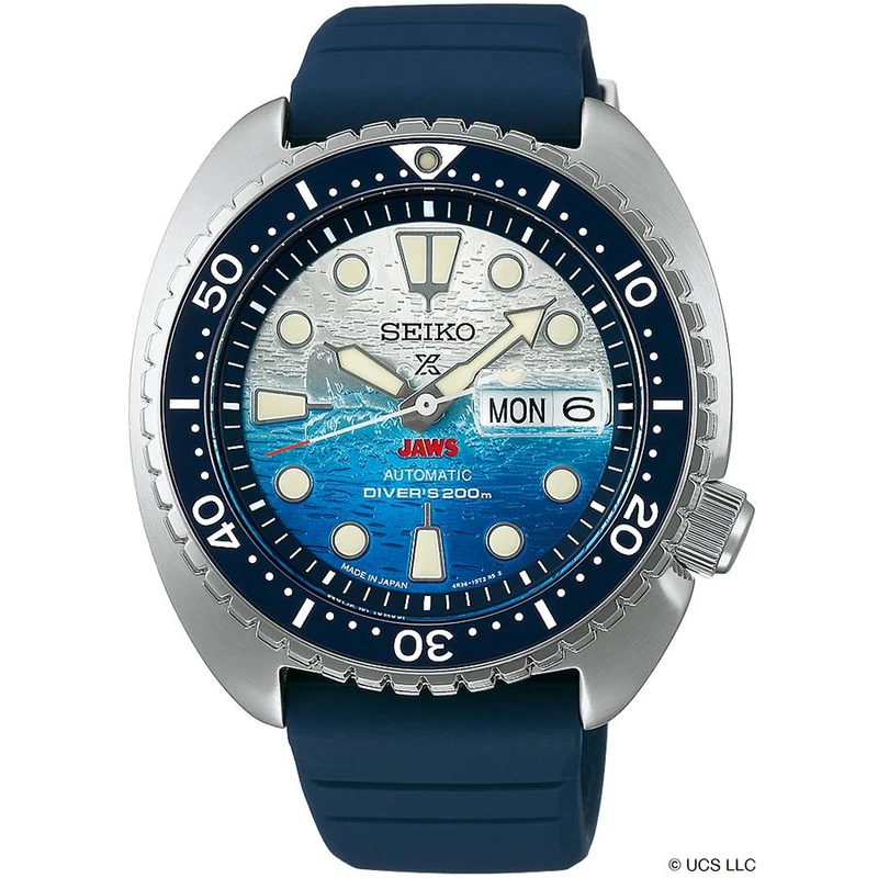 Orologio subacqueo meccanico da uomo Seiko Prospex JAWS 50th Anniversary Limited Edition, modello SBDY137, con cinturino in silicone.