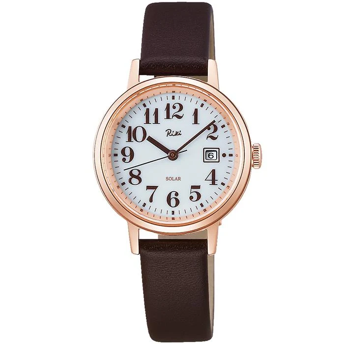 Orologio da donna Alba Riki Solar AKQD403 con quadrante bianco e cinturino in pelle marrone.