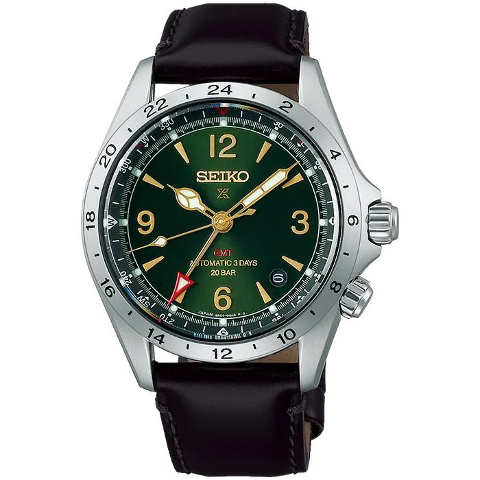 Orologio da uomo Seiko Prospex Alpinist Mechanical GMT SBEJ005 con cinturino in pelle, modello esclusivo.