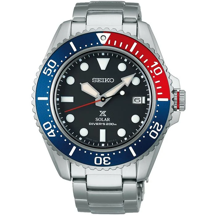 Orologio da uomo Seiko Prospex Diver Scuba Solar SBDJ053 con quadrante nero e lunetta color Pepsi.