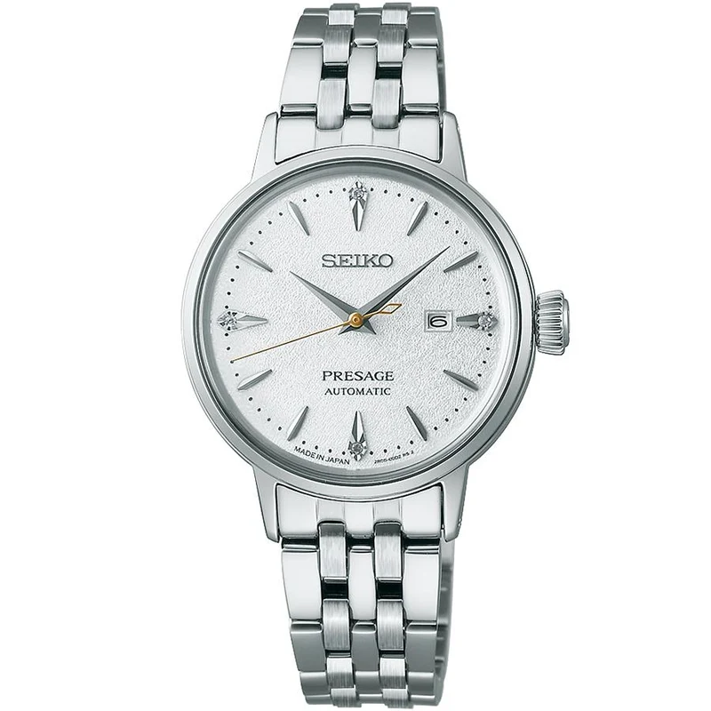 Orologio da donna meccanico automatico Seiko Presage Cocktail Time Hot Butter Drum Cow SRRW005, argento