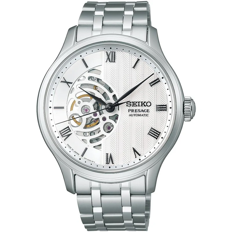 Orologio meccanico automatico da uomo Seiko Presage Japanese Garden SARY251 con quadrante bianco e movimento a cuore aperto